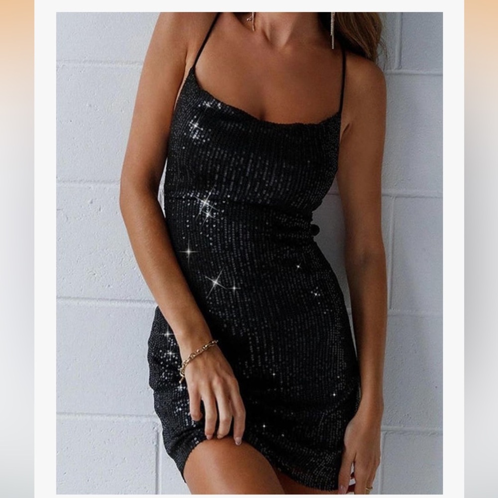 NWT DOSE Black Sequin Halter crisscross lace up ,backless mini Dress size XL